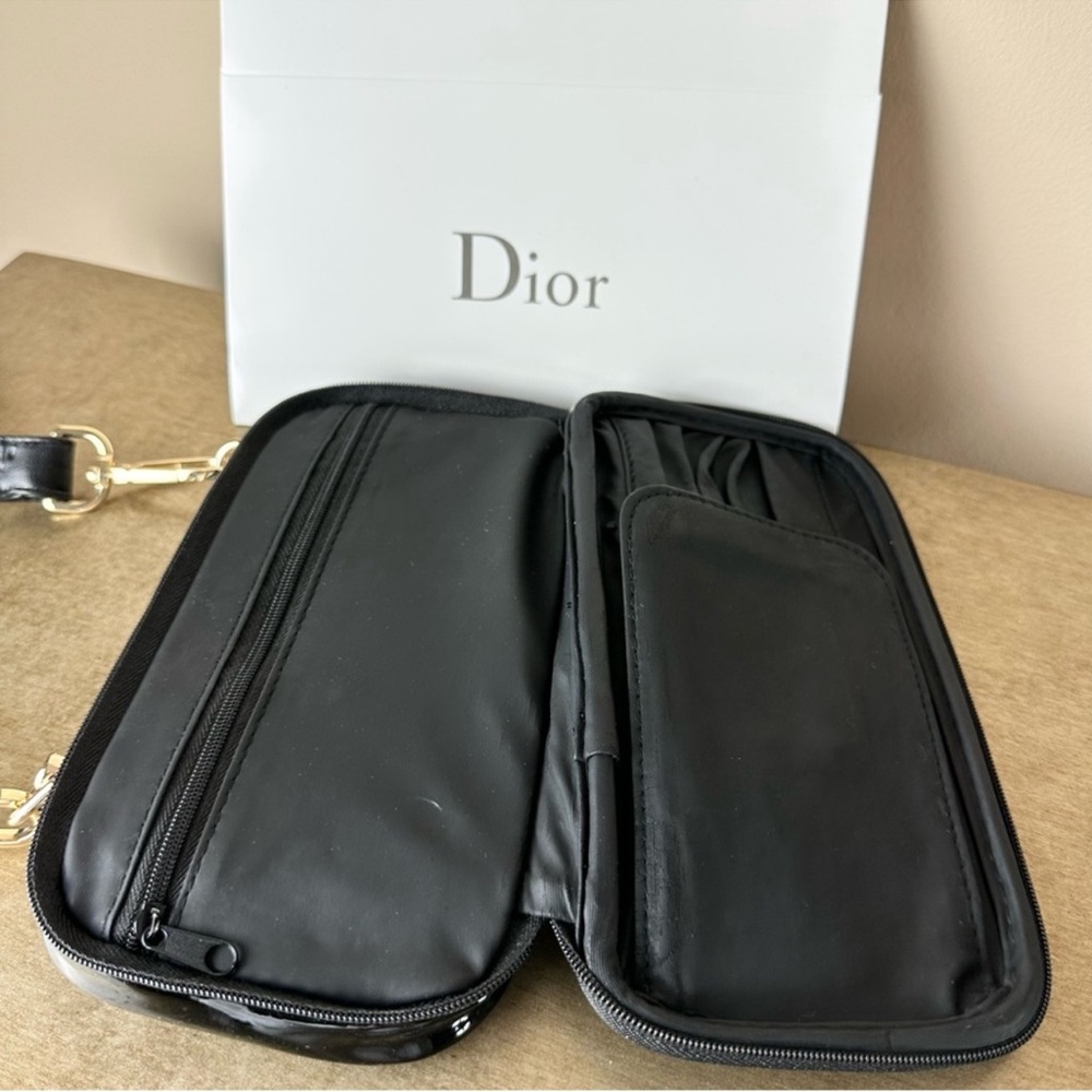 New Dior Upcycled Patent Cosmetic Bag Crossbody Black CD Logo Gold Hardware - Picture 9 of 12